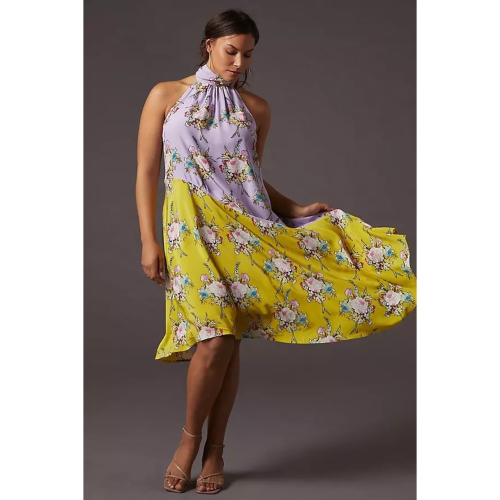 Anthropologie Silk Halter Floral Midi Dress Sz 1X - Picture 2 of 13